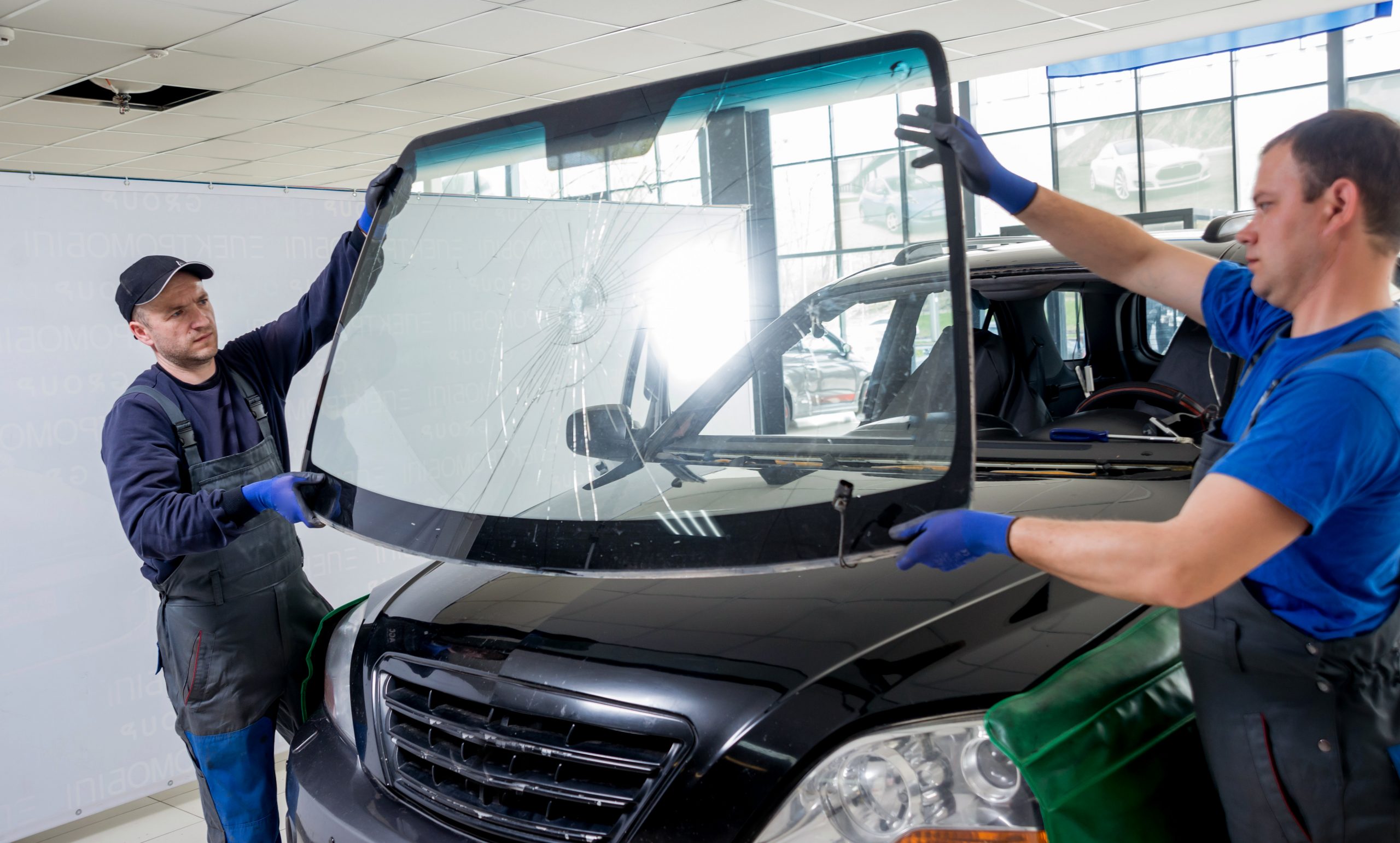 Automobile special workers remove old windscreen or windshield of a car in auto service station garage.